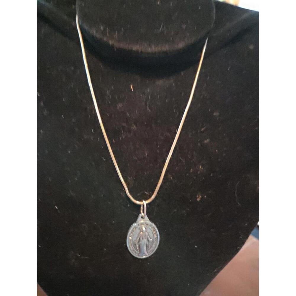 Silver Miraculous Medal Italy 925 Sterling Snake Chain Necklace + prayer card